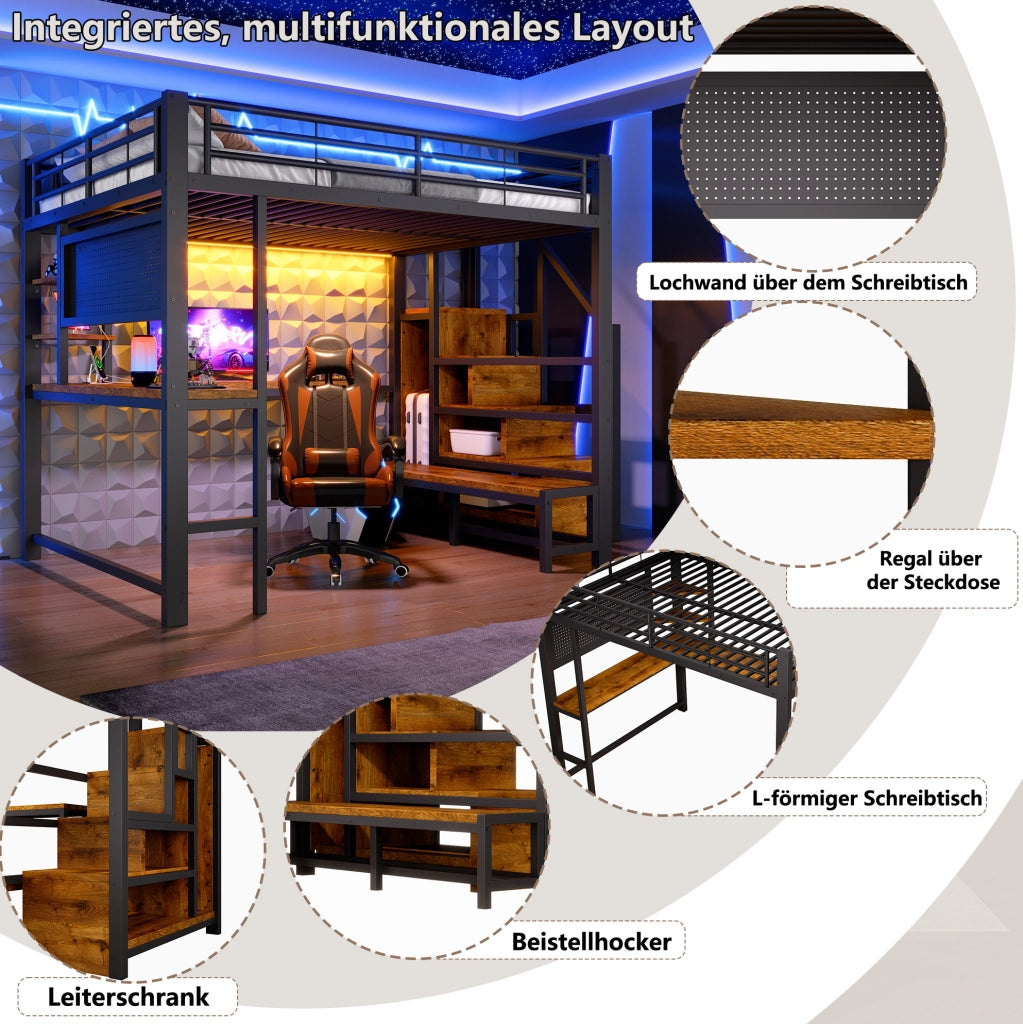 Letto a soppalco 140x200 cm con scrivania; LED; USB e USB-C; struttura in metallo e MDF; nero