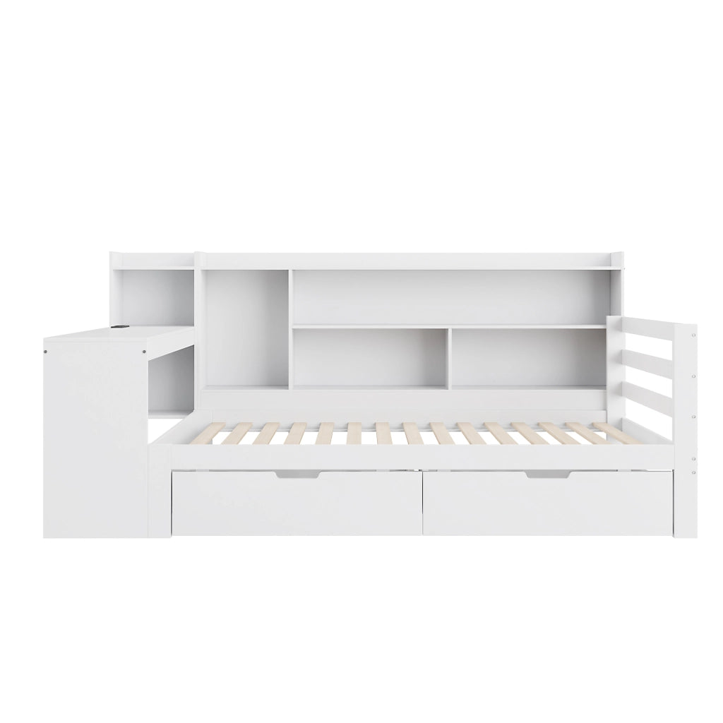 Letto a Divanetto 90 x 200 cm; con Scrivania; Mensole; Cassetti e Presa in Legno Bianco