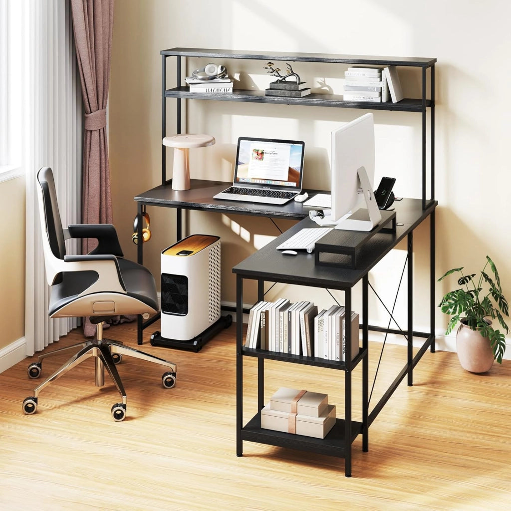 Scrivania per computer a forma di L convertibile con LED, ripiani aperti e supporto per monitor, gancio laterale, stazione di ricarica, 145 x 145 cm, per ufficio, studio (nero)