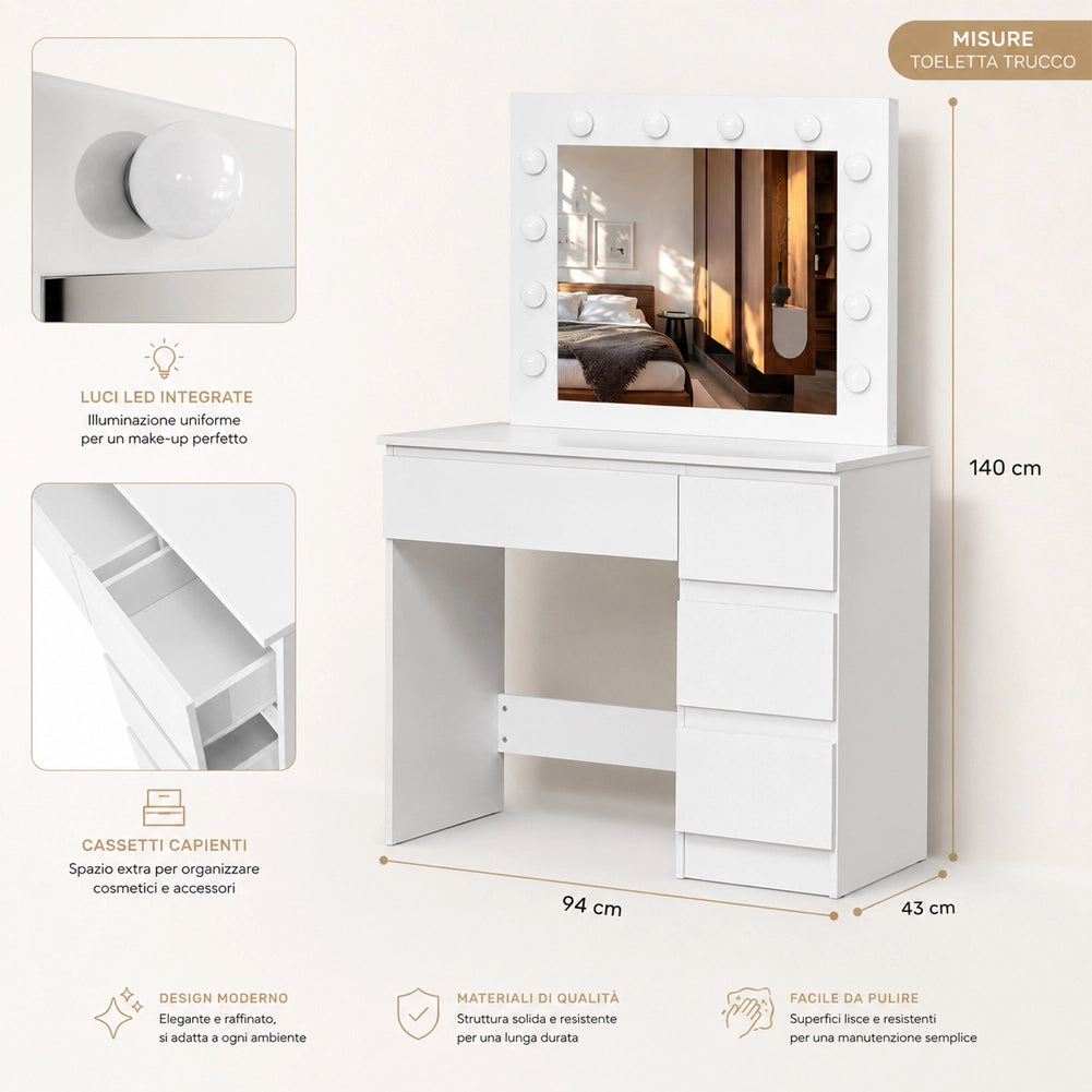 Toeletta Trucco con Luci Bianca Postazione Makeup 12 LED e Cassetti 94x43x140cm