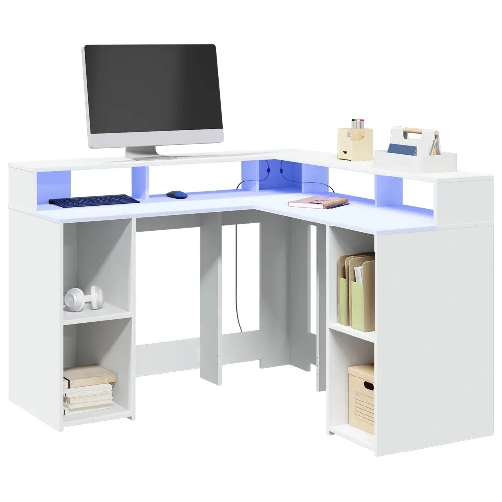 Scrivania | Tavolo da Ufficio con Luci LED Bianca 130x130x91 cm in Truciolato