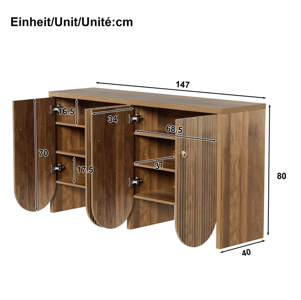 Credenza in MDF effetto noce con 4 ante, 147x40x80 cm