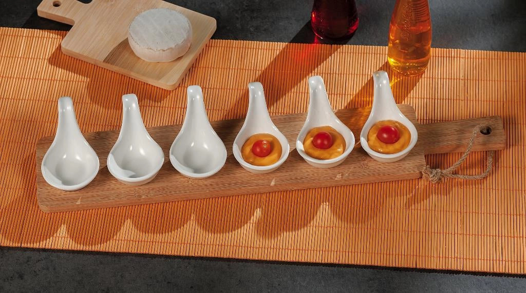 Set Antipastiera Vassoio in bamboo con 6 ciotoline snack finger food 54 x 10 cm