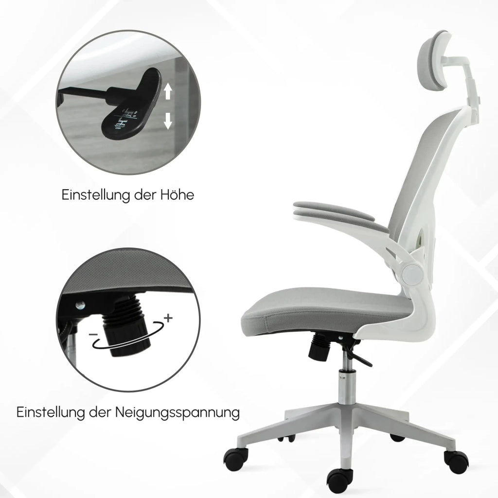 Sedia da ufficio ergonomica con poggiatesta e supporto lombare in plastica grigia 65 × 64 × 114-122 cm