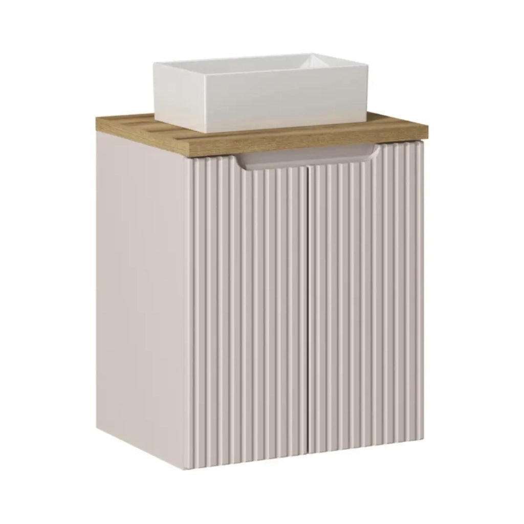 Set VANO cashmere e quercia 50cm: mobile sottolavabo con armadietti + piano per lavabo + lavabo da appoggio rettangolare