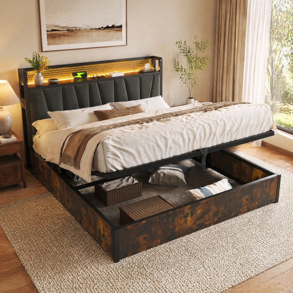 Letto matrimoniale 180x200 cm in tessuto grigio con LED RGBW; prese e USB; contenitore
