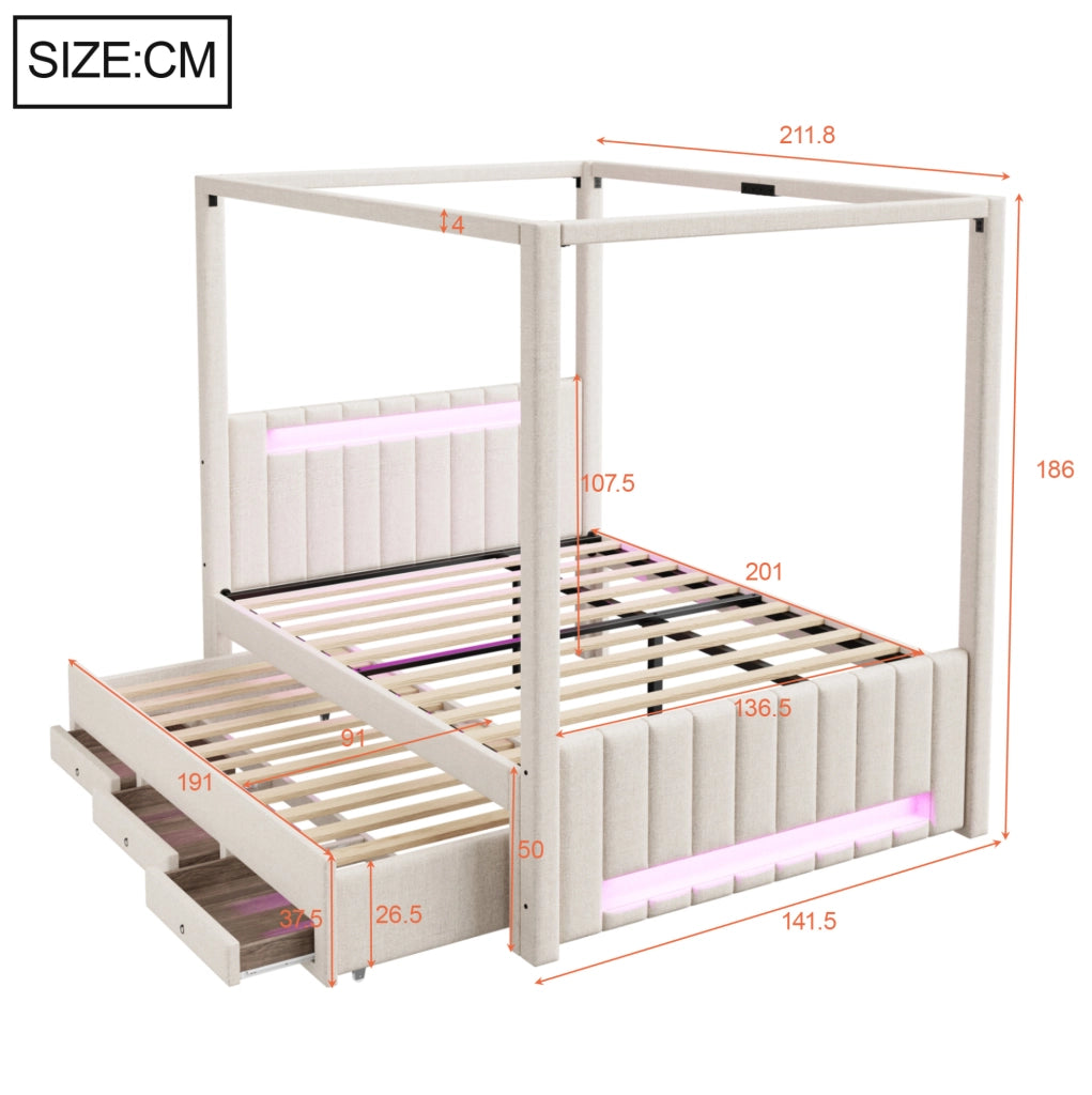 Letto a baldacchino 140x200 con estraibile, LED e cassetti