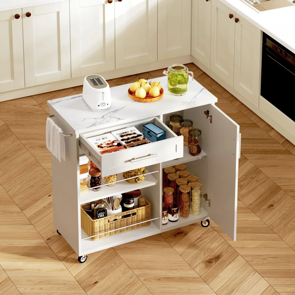 Carrello da cucina bianco con piano effetto marmo, cassetto, armadietto e ripiani aperti, mobile con ruote bloccabili, 90x62x90 cm