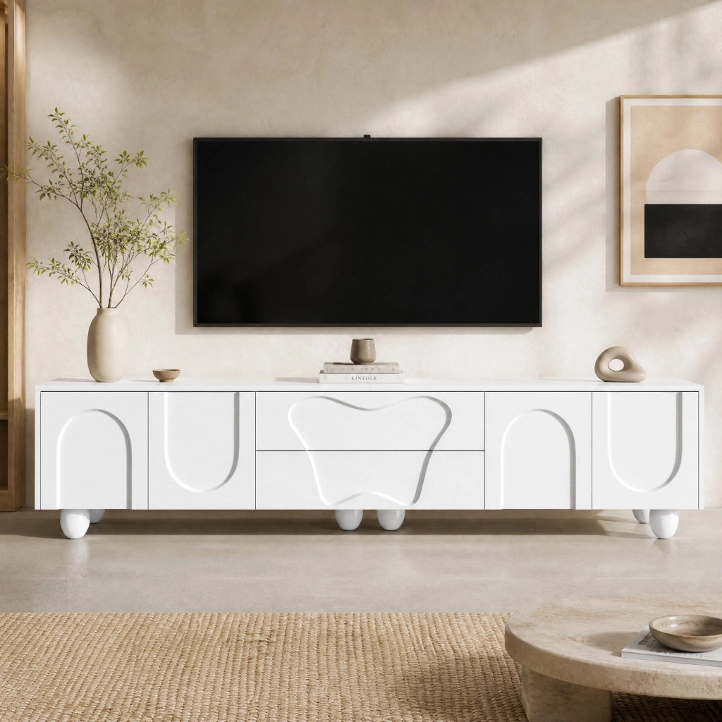 Mobile TV bianco 180 cm con gambe in legno massello, design moderno con ampio spazio contenitivo