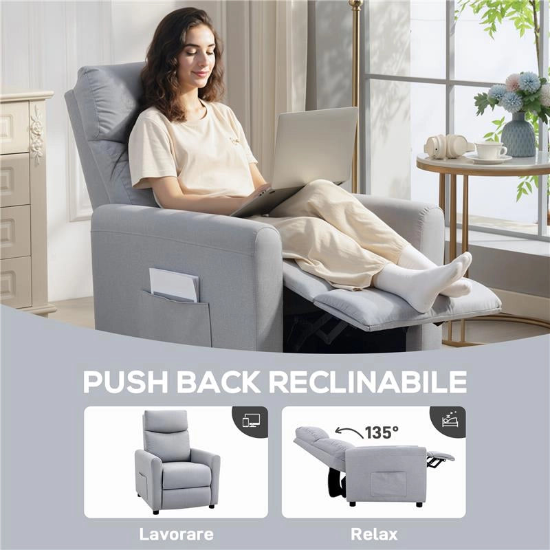 POLTRONA RECLINABILE 135¦ MAX IN TESSUTO EFFETTO LINO, SCHIUMA, ACCIAIO E LEGNO, 73X86X100 CM, GRIGIO CHIARO