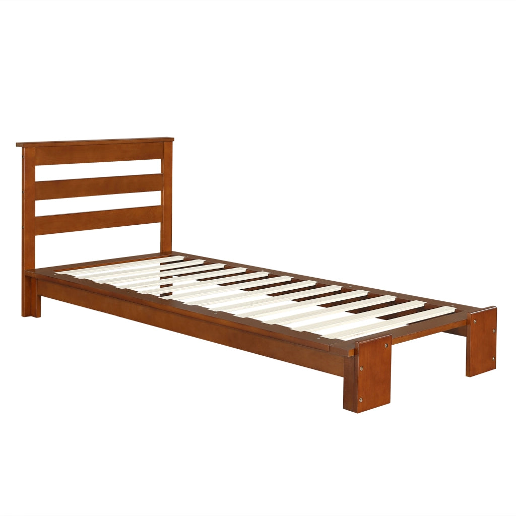 DESMIU Letto singolo 90 × 200 cm con schienale imbottito e reti stabili, senza materasso, in legno e tessuto, marrone