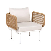 Poltrona da giardino in rattan PE beige chiaro con cuscini e braccioli, stile rustico moderno