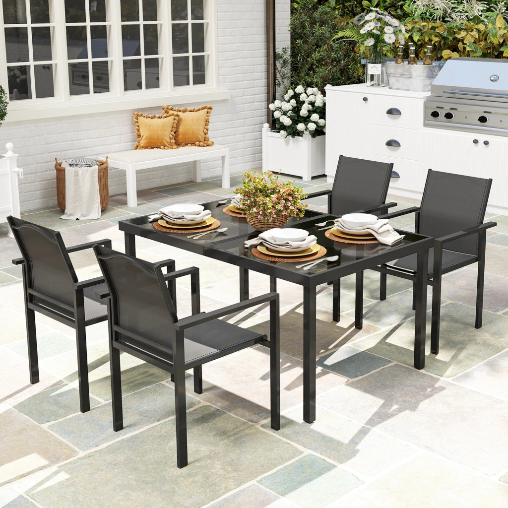 Set da giardino con tavolo e 4 sedie ¨C zephmum ¨C nero, vetro temperato, 140 cm
