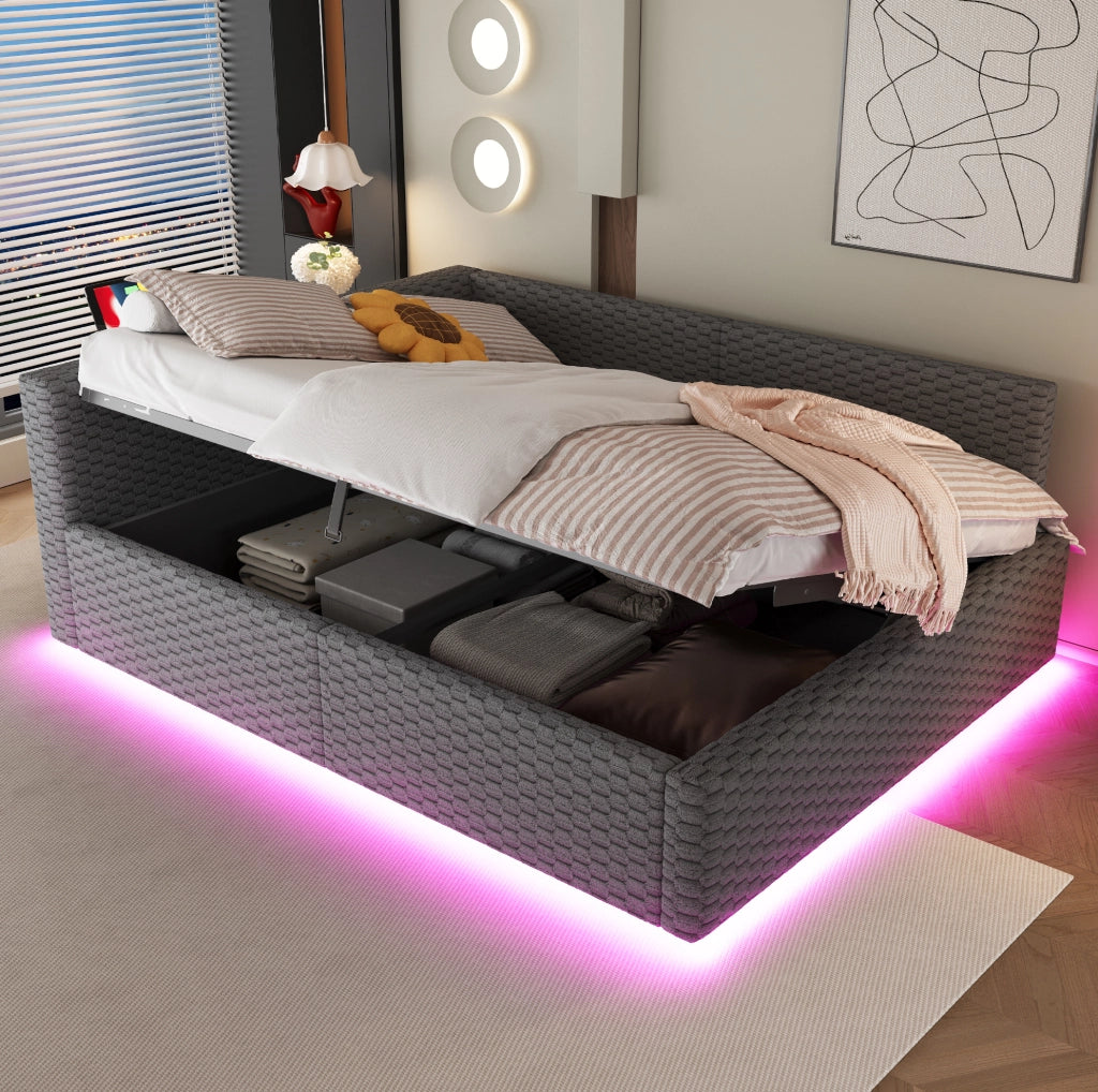 Letto imbottito 140x200 cm con LED, USB e contenitore