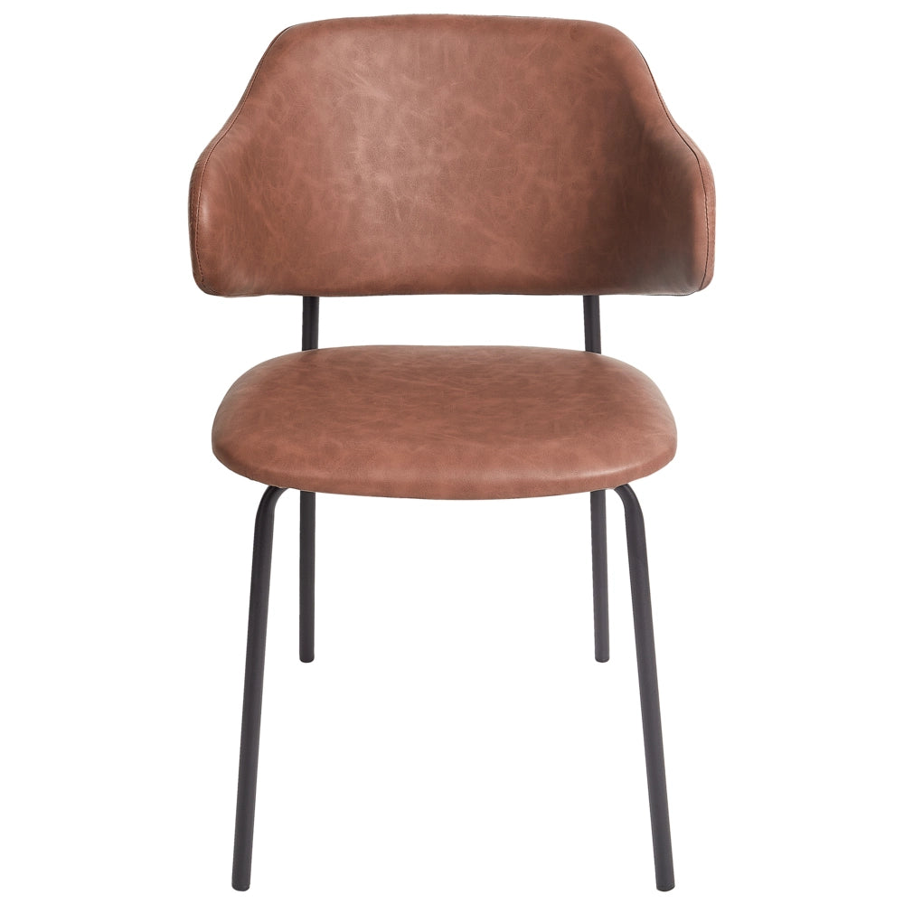 Set di 2 sedie da pranzo Rivestimento in ecopelle marrone Gambe in metallo nero Schienale curvo senza braccioli Design moderno e contemporaneo