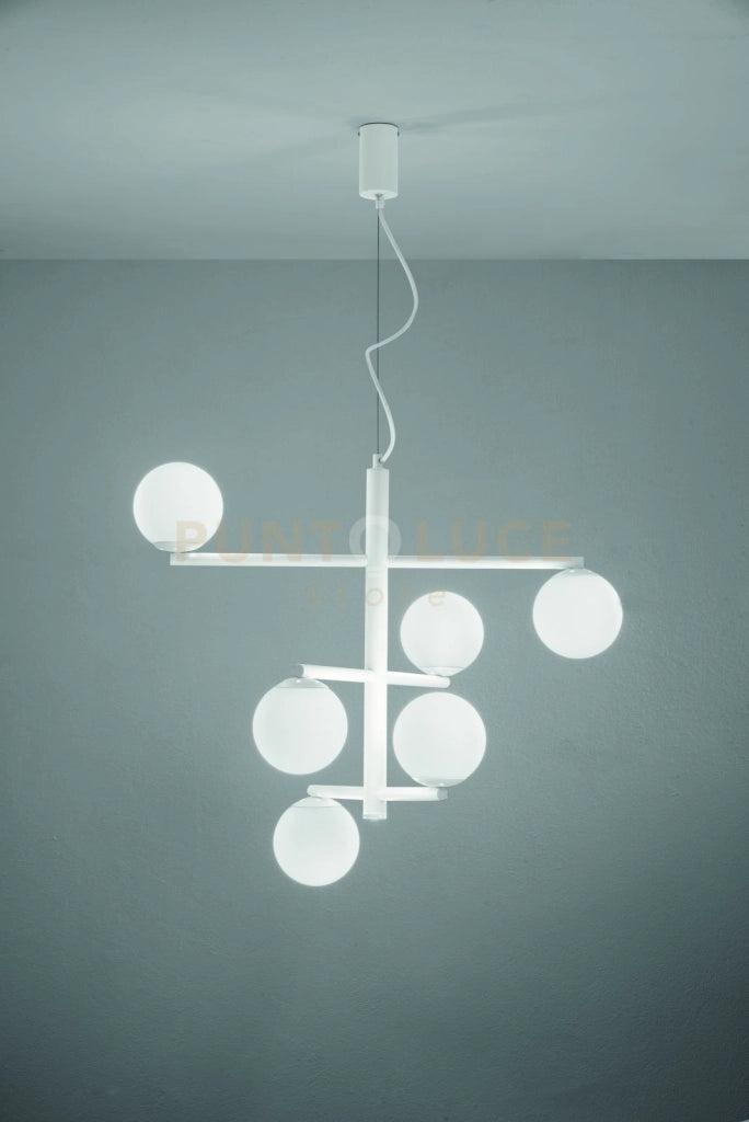 SOSPENSIONE GIZAH BIANCO VETRI OPALI 6 LUCI ATTACCO E14 PIU' LED INTEGRATO 5W 420LM