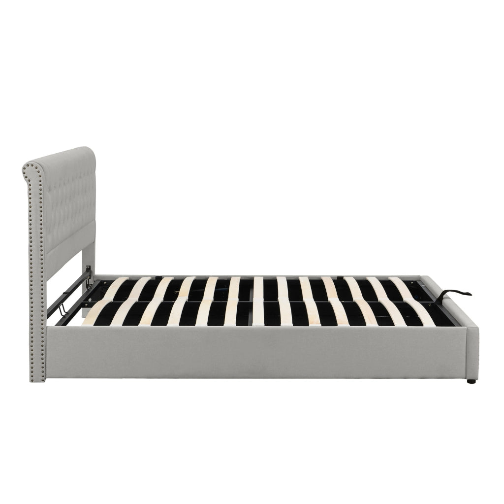 Letto imbottito contenitore 140x200 cm in lino grigio con rete a doghe