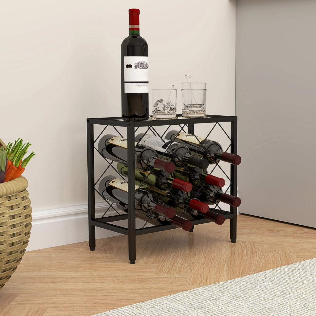 Portabottiglie Vini per 10 Bottiglie ¨C Zephmum ¨C Acciaio Nero con Piano Vetro Temperato 41x22x41 cm