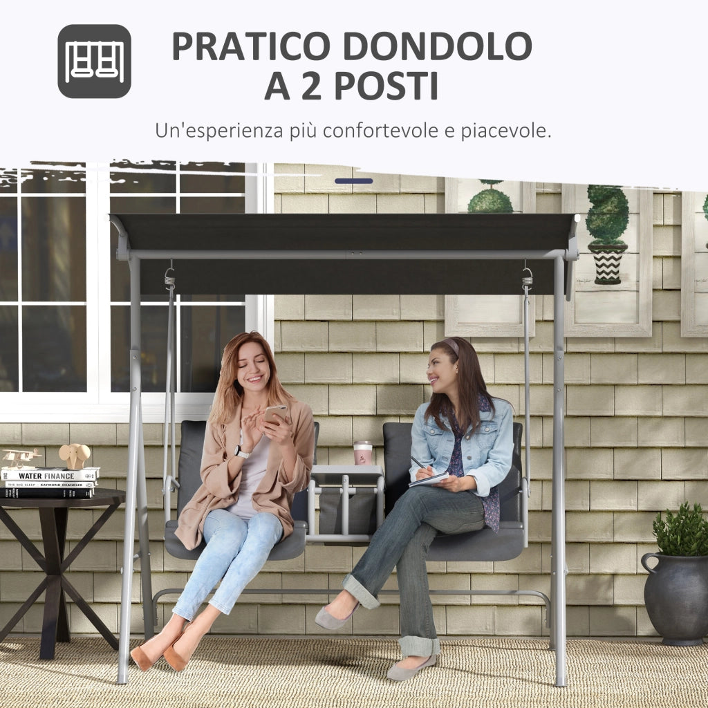 Dondolo 2 Posti con Tavolino e Portabicchieri, in Metallo e Poliestere, 175x110x165 cm, Grigio