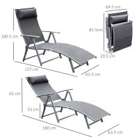 Lettino Sedia a Sdraio da Giardino Pieghevole con Cuscino, Schienale con 7 Reclinazioni, 137x63.5x100.5cm, Grigio