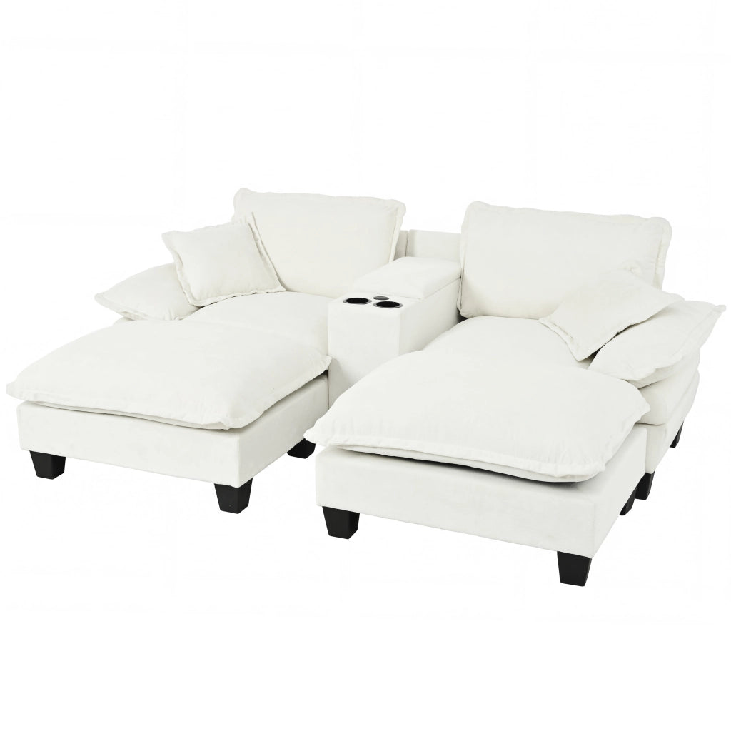 Divano modulare con vano contenitore, porte USB, portabicchieri, 2 pouf e 2 cuscini, in Chenille Beige