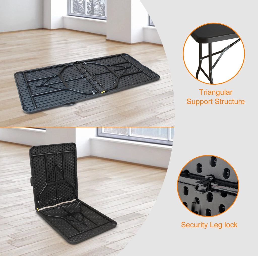 Tavolo pieghevole portatile 180 cm con maniglia; plastica e ferro; nero