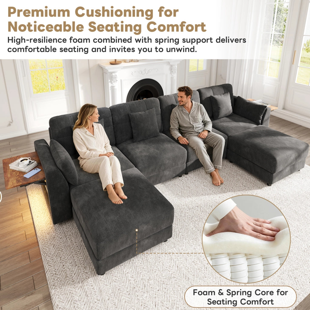 Divano ad angolo modulare in U/L con pouf mobile 2; LED; bracciolo pieghevole e cuscini 6; tessuto ciniglia; Grigio