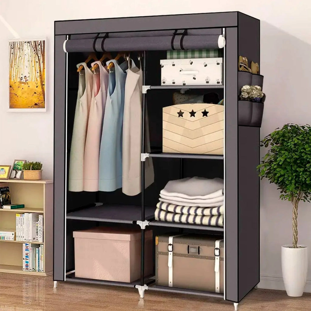 Armadio Vestiario In Tessuto Con Ante Con Cerniera E Tasche Laterali Nyana Home Misure 165x88x45cm Grigio