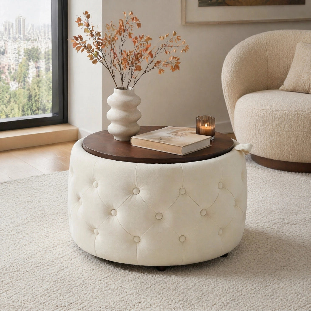 POUF Set da 2 pezzi in velluto beige 58x58x38 cm con vassoio in legno