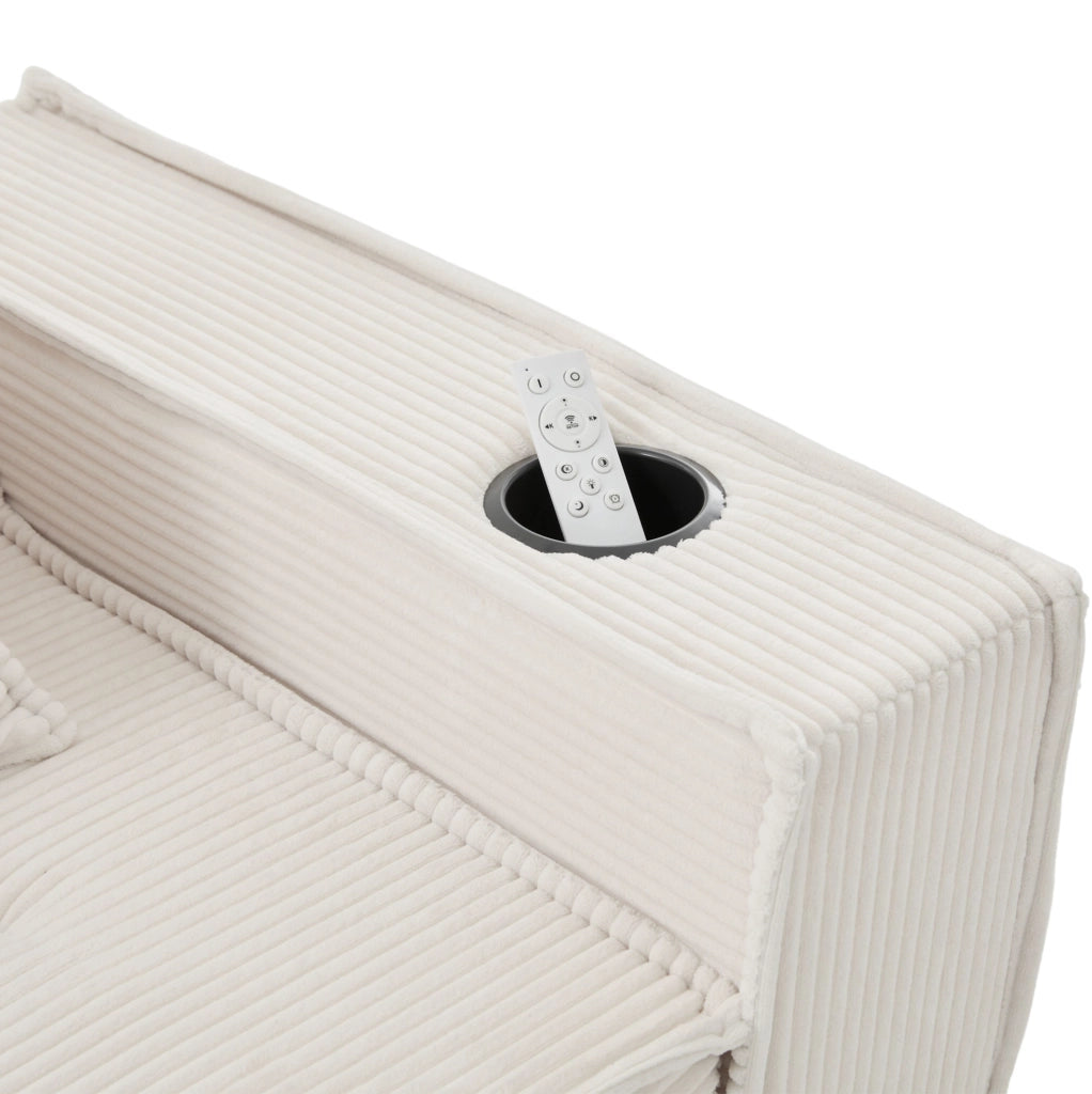Divano a due posti modulare beige in velluto a coste con tasche laterali e due morbidi cuscini