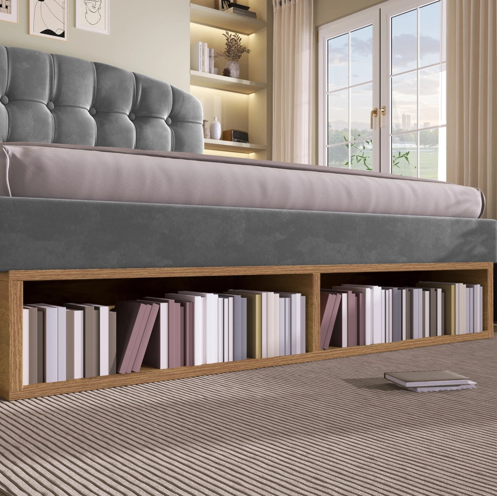 Letto imbottito 140x190 cm in velluto grigio con testiera regolabile; doghe; cassetti e vani contenitore
