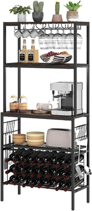Scaffale da cucina con presa, per 24 bottiglie, per forno a microonde con piano di lavoro e supporto per gelatine e 10 ganci, per cucina, sala da pranzo, 75 x 33 x 165 cm