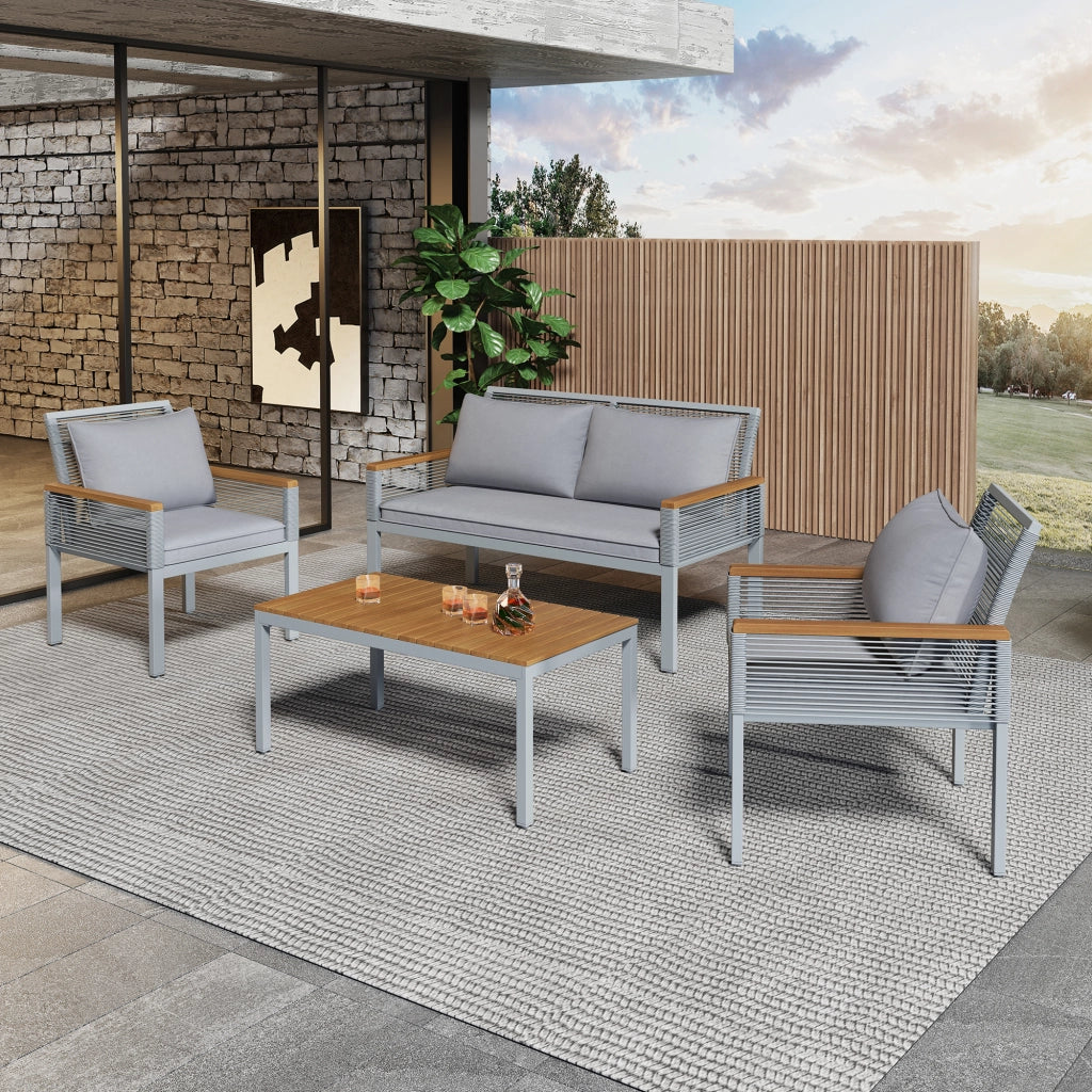 Set Divano da Giardino con Cuscini, 2 Poltrone e Tavolino ¨C MINIMAL ¨C Polyrattan, Grigio