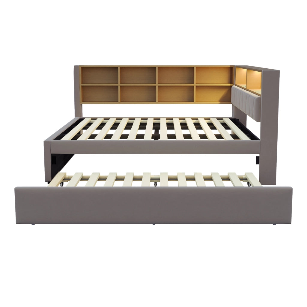 OKWISH Letto Divano 140×200 cm e 90×190 cm, Letto 2 Posti con LED, USB, Tipo C e VanI Portaoggetti, senza Materasso, in Flanella, Grigio Scuro
