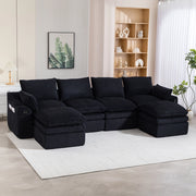 Divano modulare 4 posti in velluto a coste con cuscini e tasche laterali per soggiorno, nero 335 × 167 × 85 cm