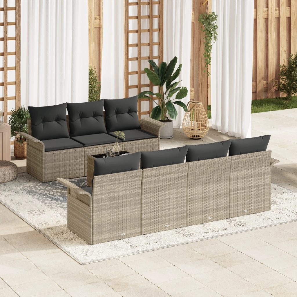 Set di divani da giardino da 8 pezzi con cuscini grigio chiaro in polyrattan