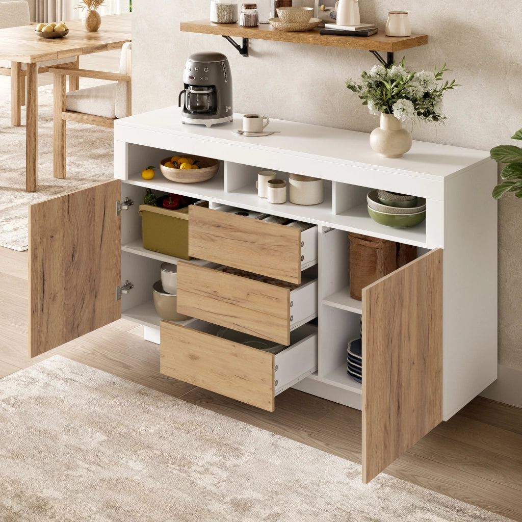 Credenza con 3 cassetti; 2 ante e 3 vani aperti - per soggiorno - bianco e naturale
