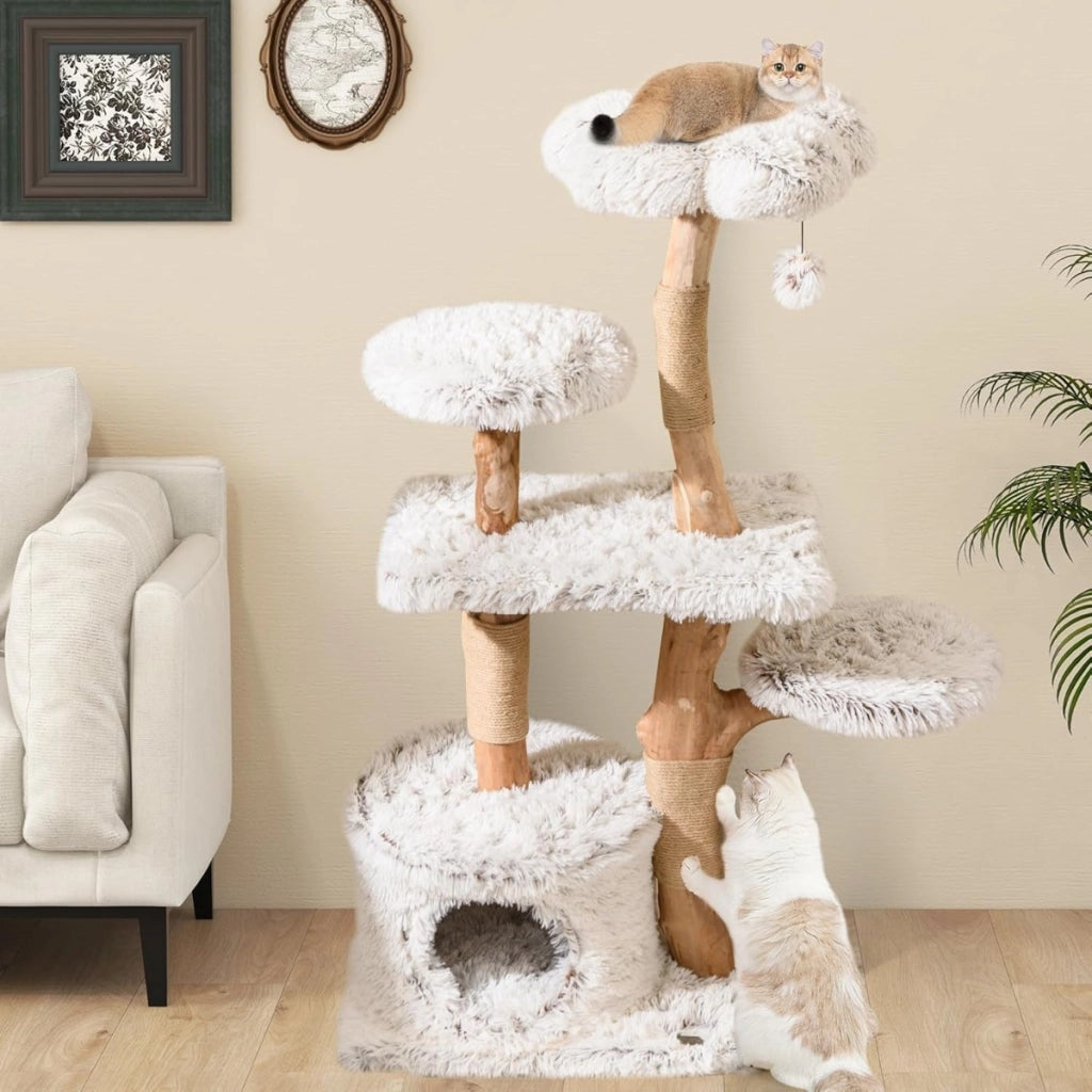 Albero per gatti moderno alto 135 cm-Torre con posti per grattare e condo in legno per gatti