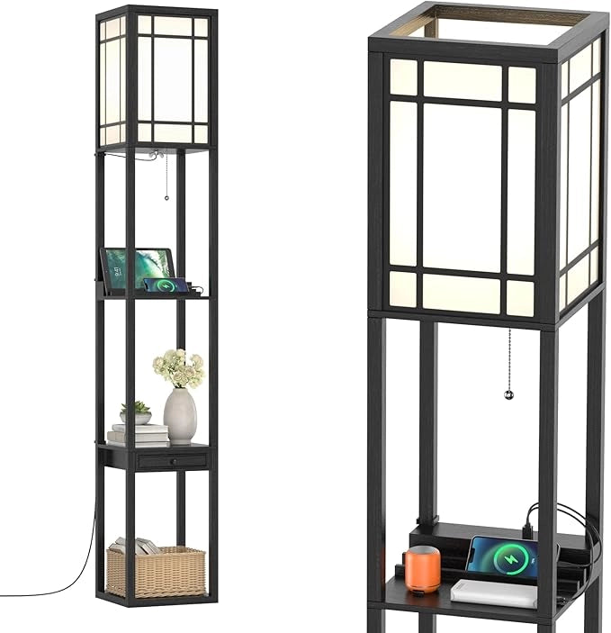 Lampada a Stelo con Ripiani e Cassetto, Lampada a Piantana Moderna con 2 Porte USB, Lampada da Terra per Salone e Camera da Letto, 26 x 26 x 160,5 cm (Modello 1)