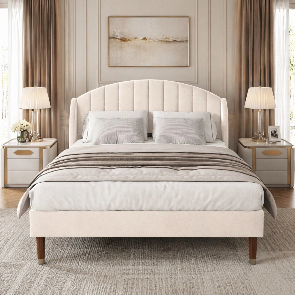 Letto imbottito matrimoniale 140x200 cm con rete a doghe; testiera in velluto beige