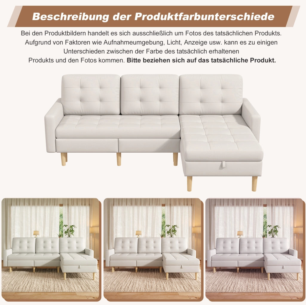 Divano angolare a L beige con chaise longue reversibile e vani contenitore 212x130x86 cm