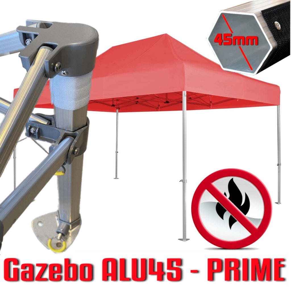 Gazebo 3x4,5 m rosso certificato IGNIFUGO SENZA laterali pieghevole alluminio piantone esagonale 45mm portatile estendibile richiudibile estensibile acciaio per fiere eventi stand chiosco tenda tendone mercato mercatino