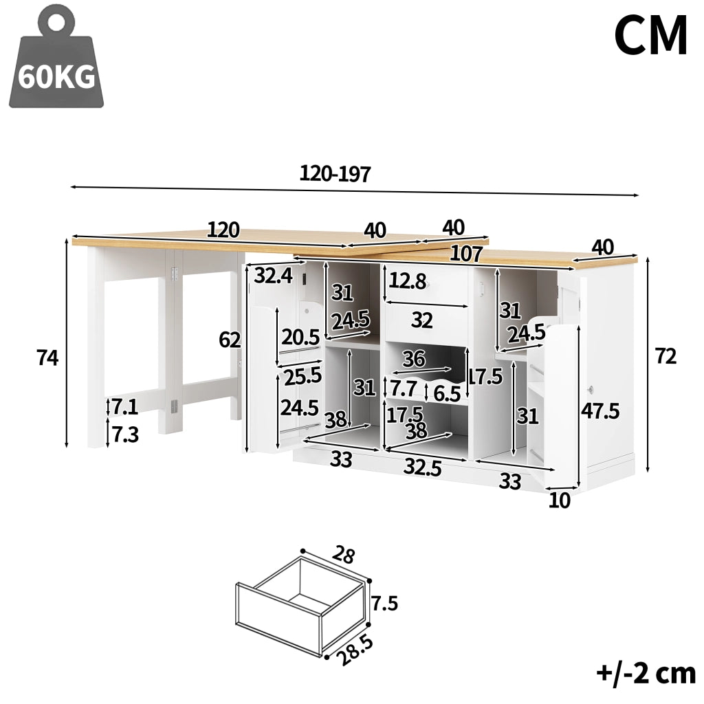 TAVOLO Isola cucina allungabile 120-197 cm 360° MDF Bianco