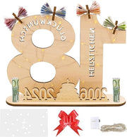Regali di denaro per il 18° compleanno - scatola di regalo con strisce - cavo di illuminazione LED - regali per ragazze e ragazzi - decorazione di compleanno - tavolo in legno - libro dei guest per il 18° compleanno