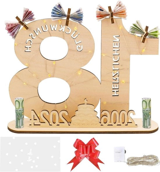 Regali di denaro per il 18° compleanno - scatola di regalo con strisce - cavo di illuminazione LED - regali per ragazze e ragazzi - decorazione di compleanno - tavolo in legno - libro dei guest per il 18° compleanno
