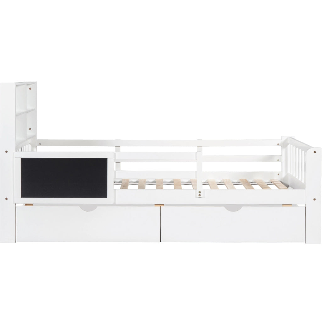 Letto per bambini 90x200 cm con lavagna e cassetti; legno e MDF; bianco (Senza materasso)