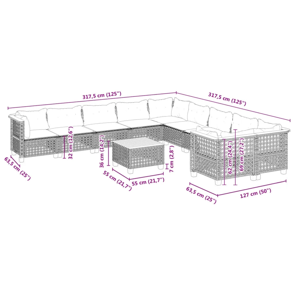 Set Divani da Giardino 11 pz con Cuscini in Polyrattan Grigio 3262053
