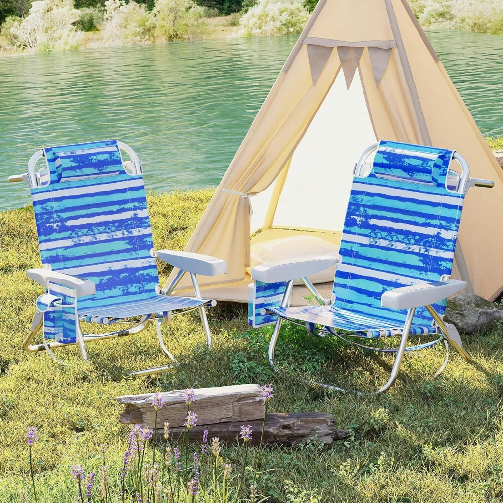 Sedia da Spiaggia Pieghevole, Spiaggina con Schienale Regolabile in 5 Posizioni, Sdraio Mare con Poggiatesta, Lettino Prendisole con Tasca Laterale, Carico 150 kg (Strisce Blu*1)