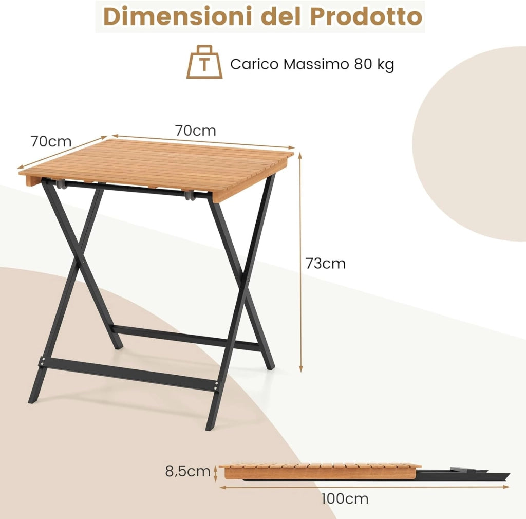 Tavolo Pieghevole da Esterno, Quadrato in Legno di Acacia, 2 Ganci di Fissaggio, Struttura a X, per Balcone Terrazzo Giardino, Portata 80 kg