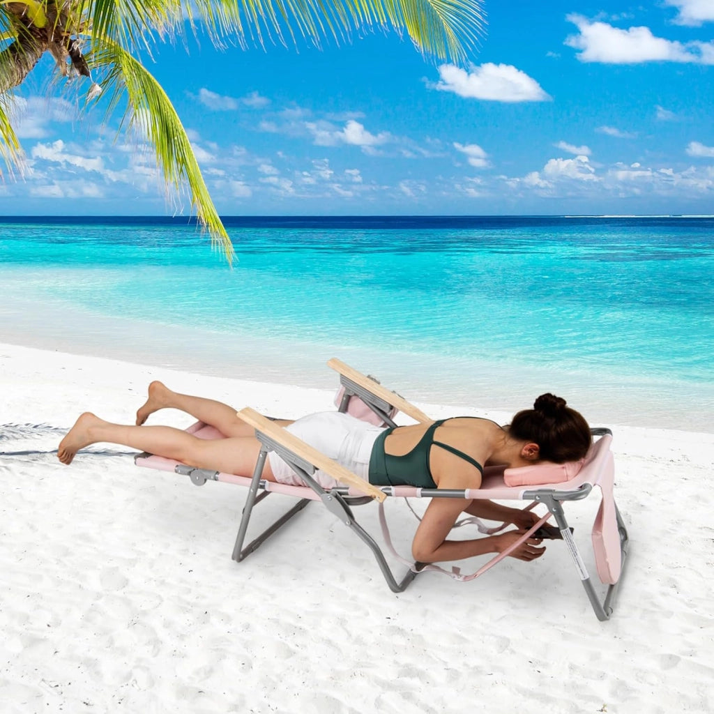 Sedia da Spiaggia Pieghevole, con Foro per il Viso, Schienale Regolabile a 4 Livelli, Poggiapiedi Regolabile, Lettino Prendisole per Spiaggia, Campeggio, Piscina, Portata 150 kg (Rosa)